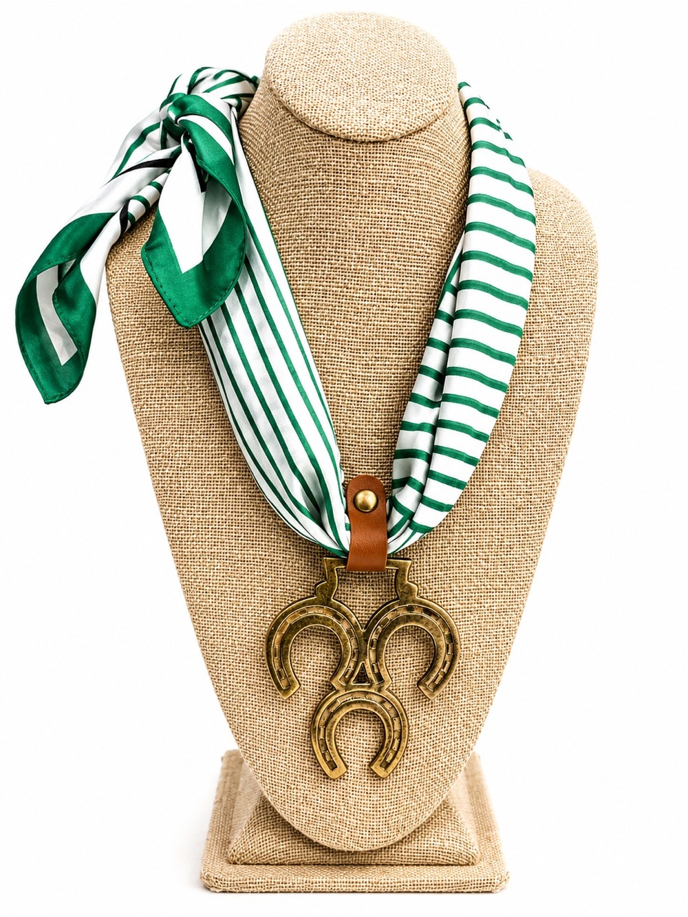 Gold  Brass VintageHorseshoe medallion. Scarf Necklace - Green & White